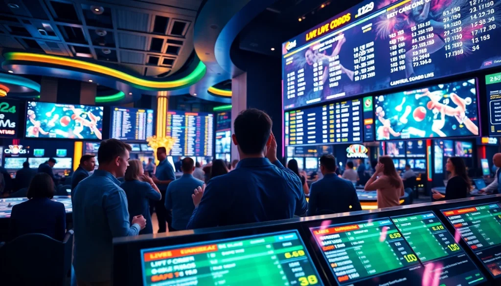 Engaging sports betting scene illustrating the 8XBET betting interface amidst a lively casino atmosphere.