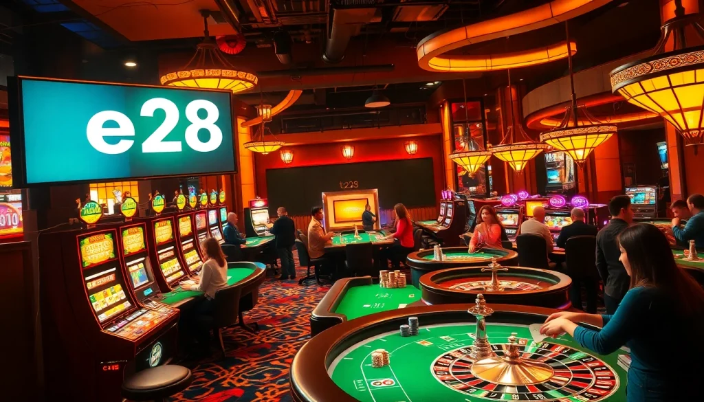 In a lively casino scene, players enjoy e28 gaming tables while spinning roulette wheels and stacking chips.