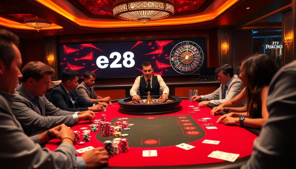 Players strategize over the poker table at the e28 casino, surrounded by colorful chips and cards.