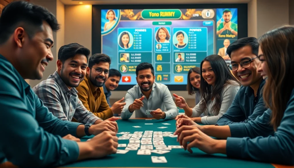 Engaged players enjoying a game of Yono Rummy with colorful digital interface background.