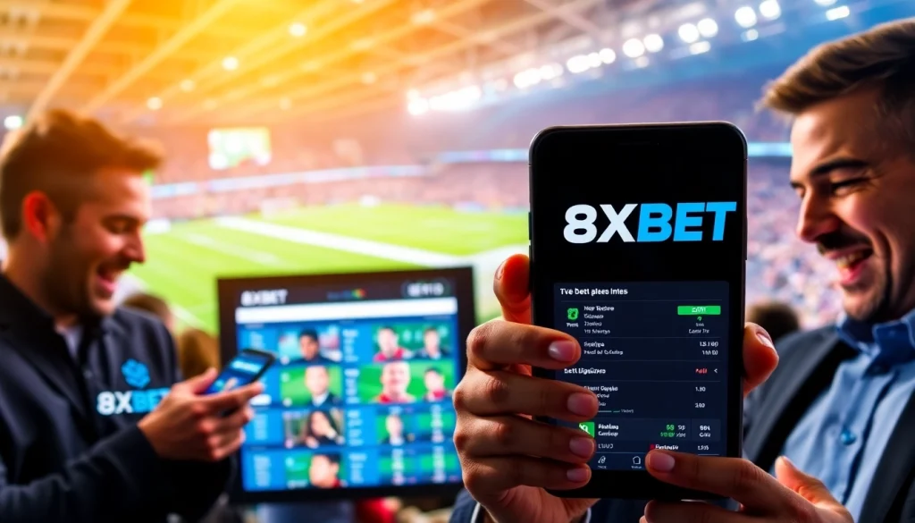Engaging interface display with the 8XBET logo and enthusiastic bettors enjoying sports betting experiences.