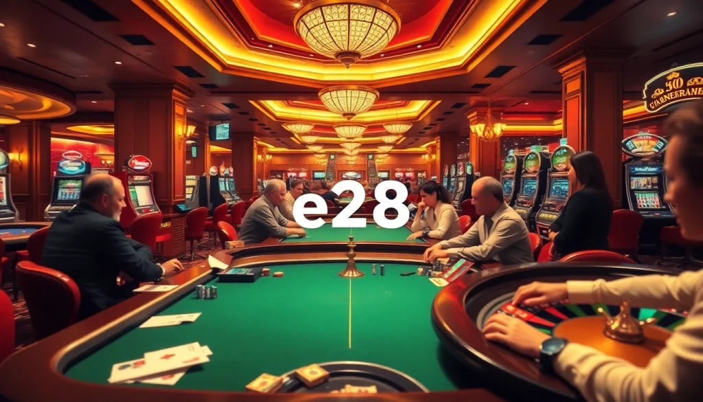Experience the excitement of gambling at e28, featuring lively poker tables and vibrant slot machines.