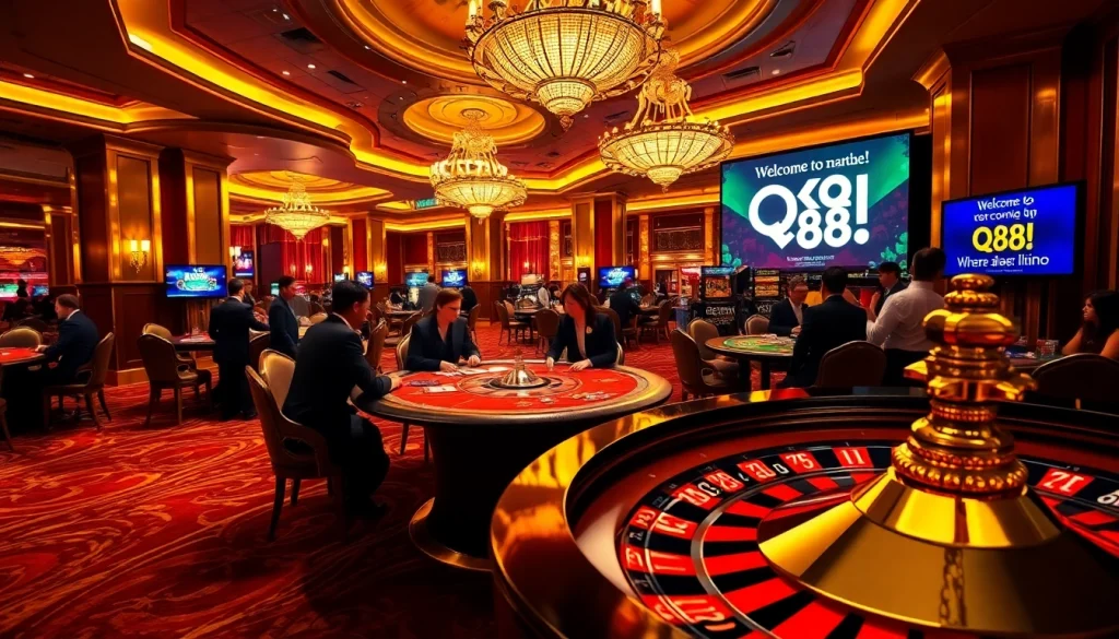Experience the thrill of QQ 88 at a glamorous casino with vibrant poker and roulette games.