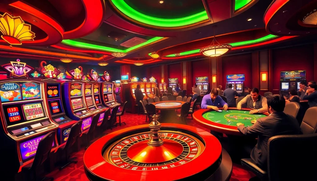 Experience the thrill of Taya365 INK with players at a vibrant casino, showcasing slots and poker tables.