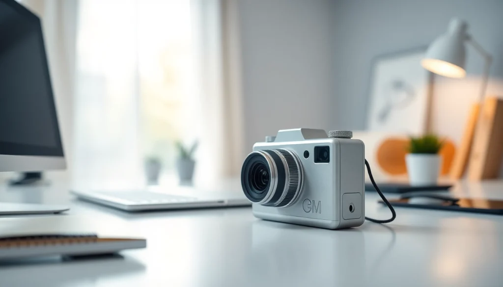 Highlighting a compact caméra miniature, showcasing its sleek design and features in a modern workspace.