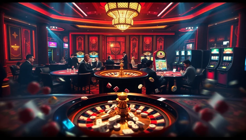 Experience the thrills of NgonClub as players engage with vibrant casino tables, spinning roulette wheels, and colorful slot machines.