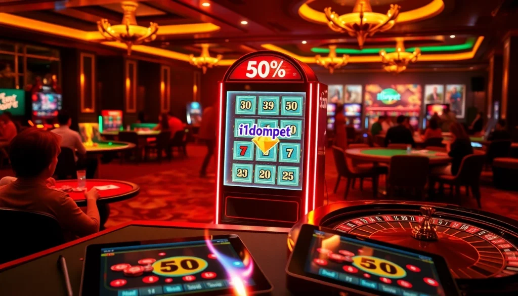 Experience the excitement of i1dompet with thrilling slot machines and vibrant card games set in a luxurious online casino.