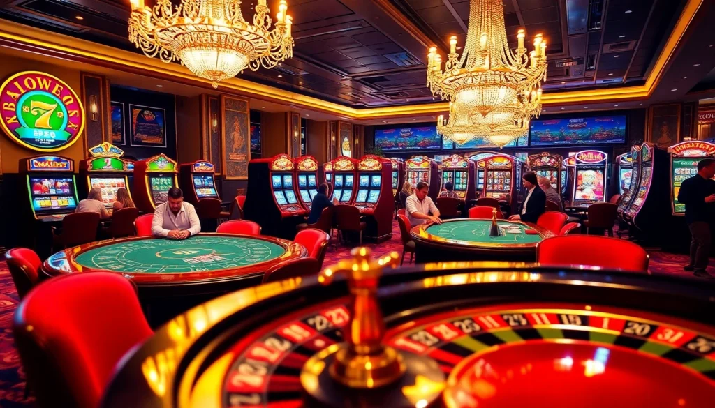 Exciting players on the trang chủ shbet casino floor, engaging in games surrounded by vibrant slot machines.