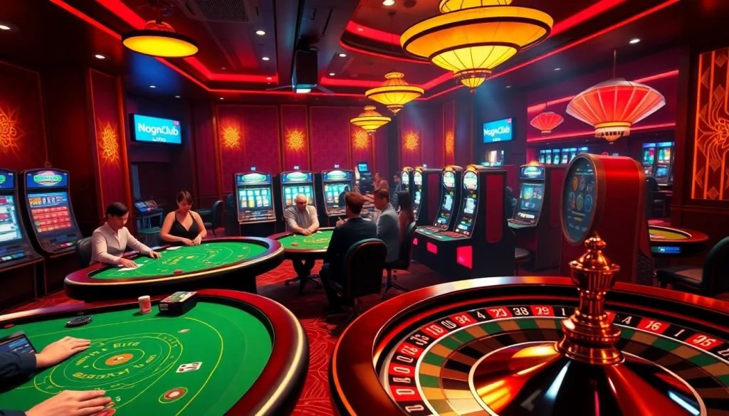 NgonClub showcases an exciting online casino experience with vibrant slot machines and engaged players at tables in a lively setting.