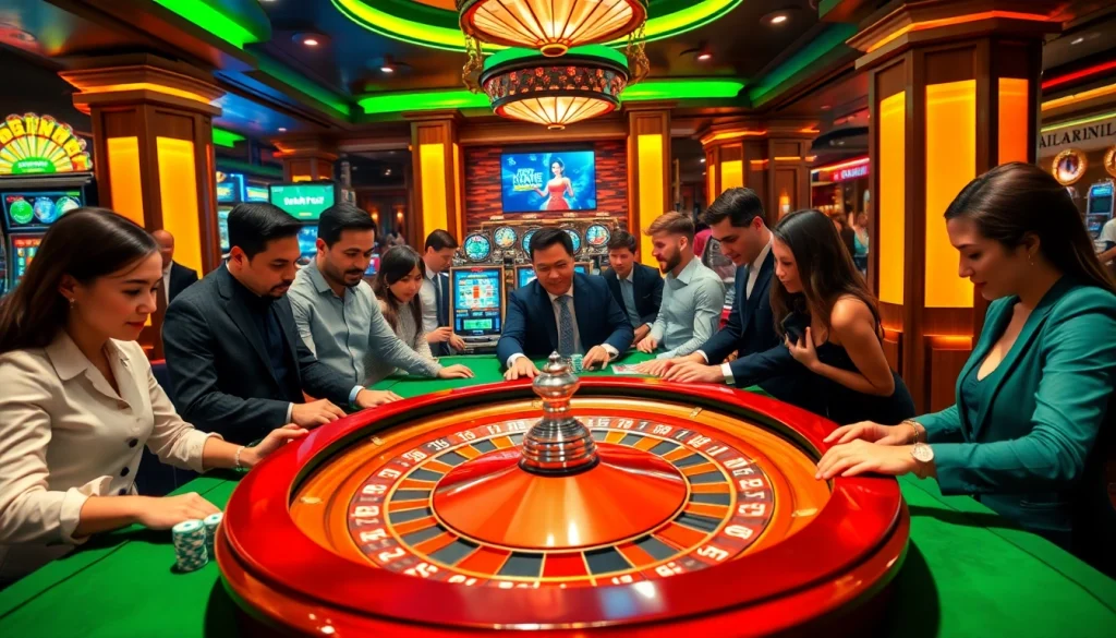Experience the thrill of gambling at https://vuabai9bet.com/ with players enjoying roulette and poker in a lively casino.