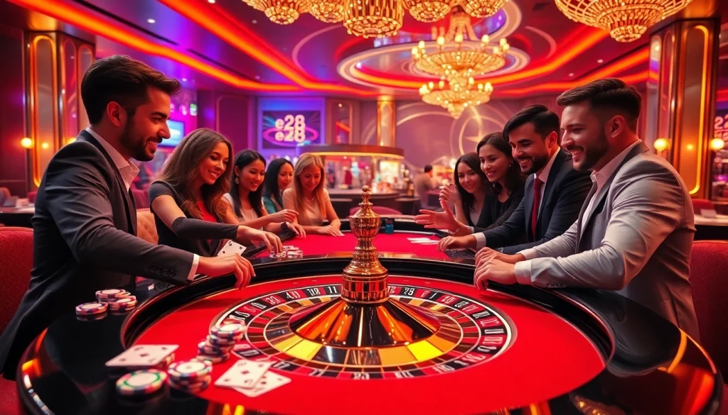 Experience the thrill of e28 at a glamorous casino roulette table with vibrant energy and eager players.