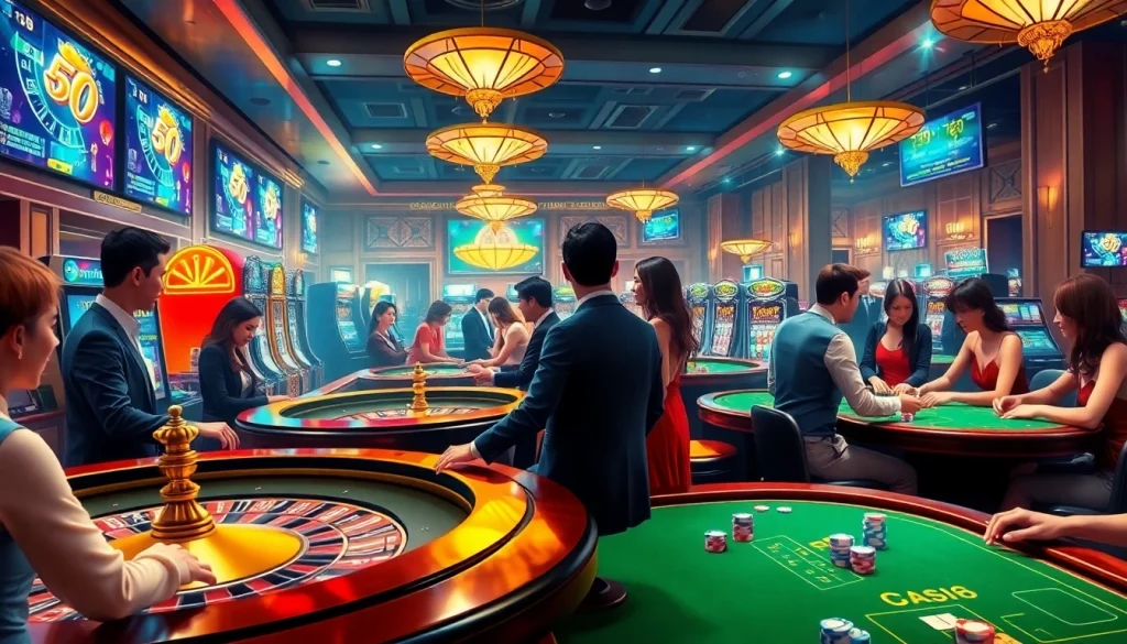 Engaged players gambling at the vibrant nhà cái go8 casino tables with excitement.