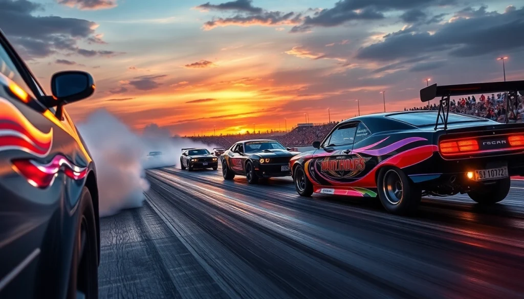 Capture thrilling Drag Racing News with pro cars racing, crowd cheering, and smoky burnouts on a vibrant track.