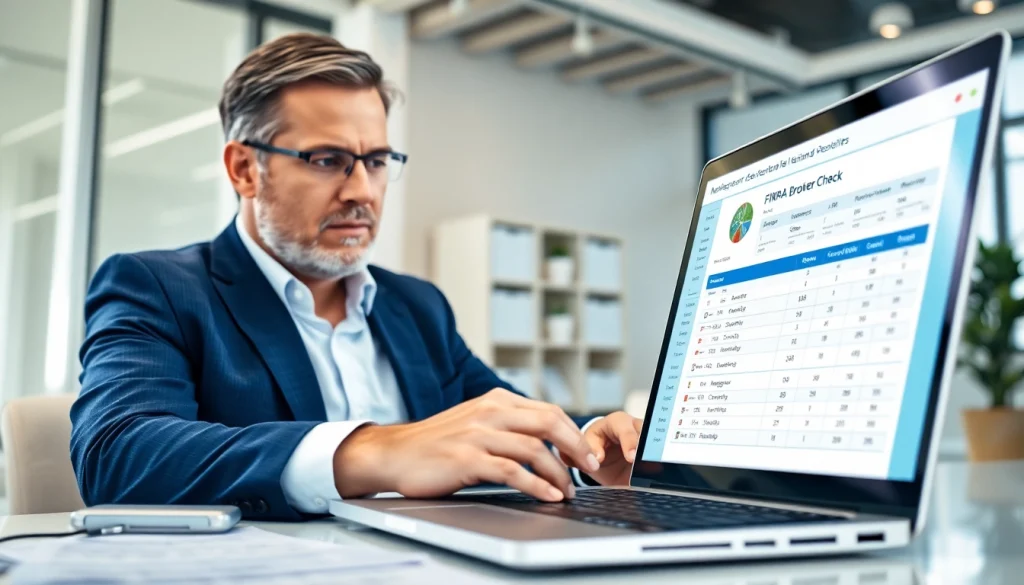 Check FINRA Broker Check data on a financial advisor’s laptop in a modern office.