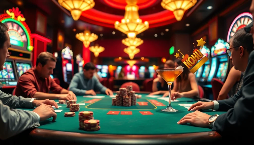 Experience the thrill of gambling with NOHU cocktails served at a high-stakes poker table surrounded by excitement.
