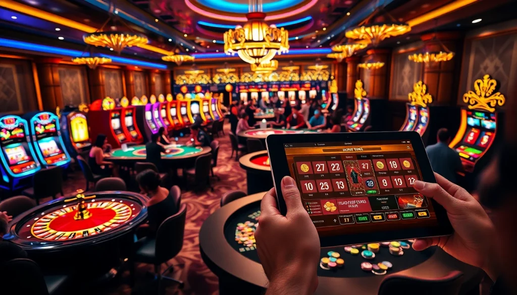 Exciting casino scene featuring poker tables, slot machines, and a player using a device on https://esfa.eu.com/.