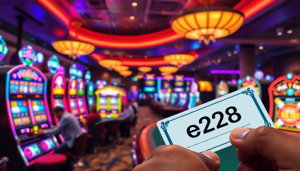 Exciting moment at the casino as players engage with e28-themed poker chips and machines in a vibrant setting.