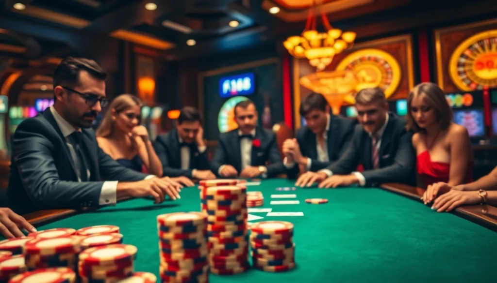 Players engaged in a high-stakes poker game at f168 casino, focusing on their cards amid a luxurious atmosphere.