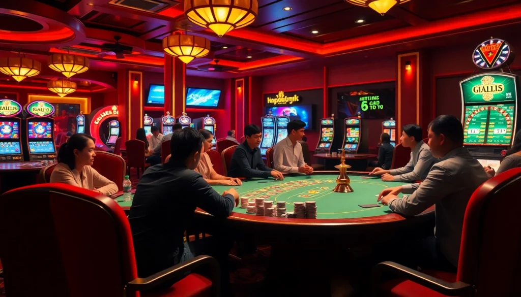 Experience the thrill of gambling at https://hz88.my/ with players at a poker table and a roulette wheel in vibrant casino settings.