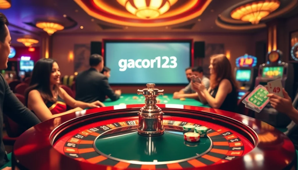 Experience gacor123 excitement as players cheer around a vibrant roulette wheel in a bustling casino.